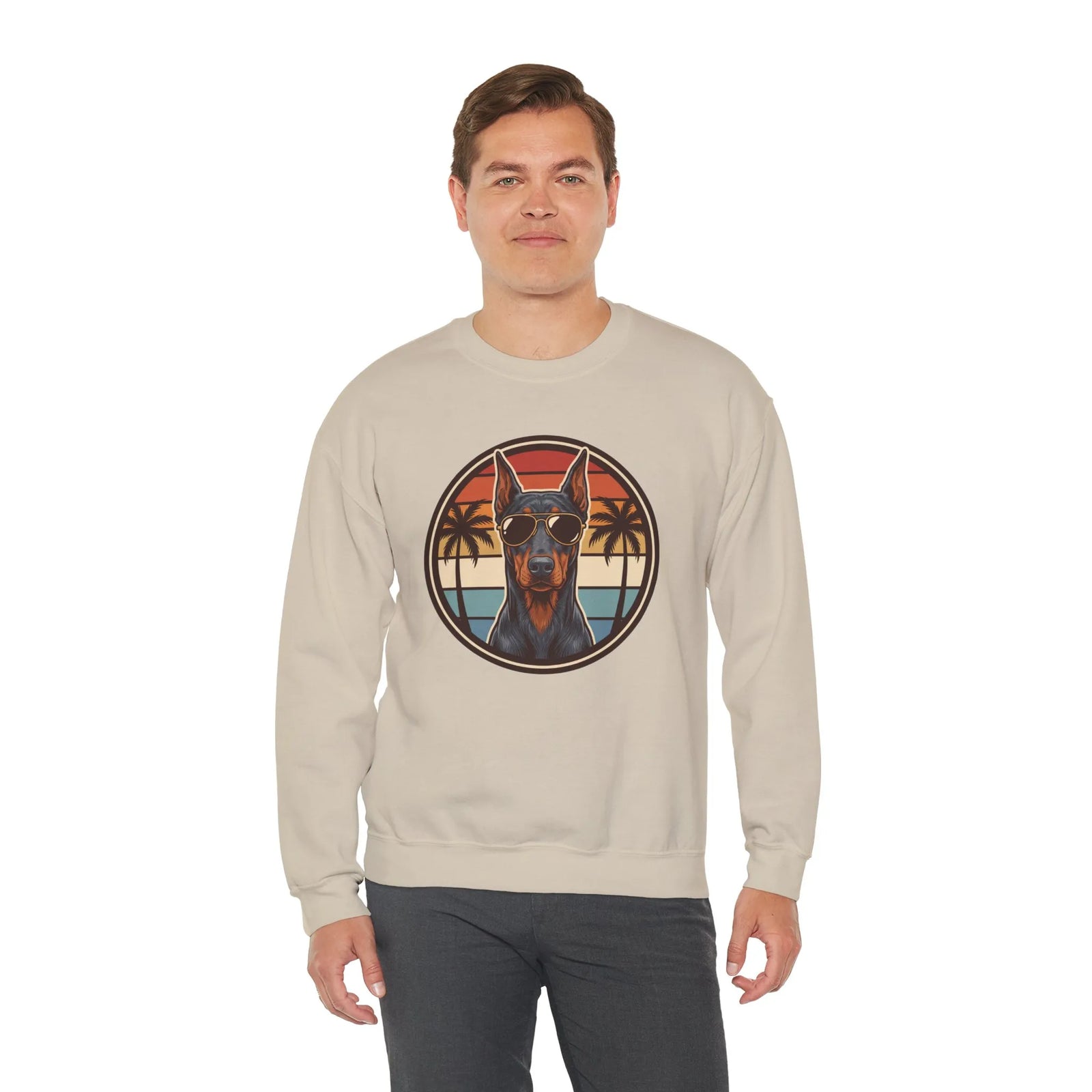 Doberman 70s Sunset Aviators Sweatshirt - Heavy Blend Fleece Crewneck - Unisex White