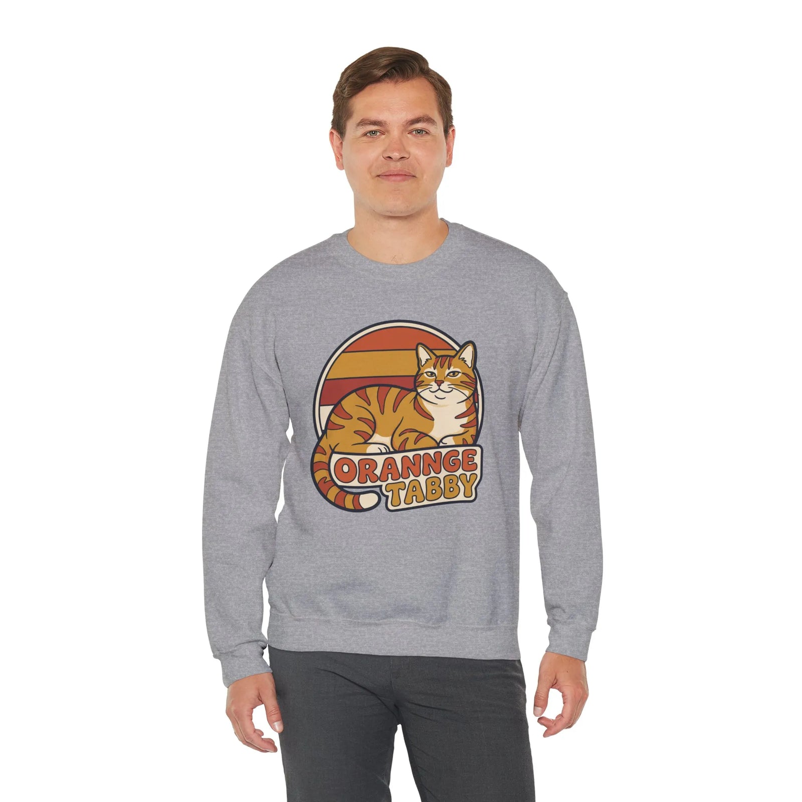 Orange Tabby Retro Sunset Graphic Sweatshirt - Heavy Blend Crewneck Fleece - Unisex White