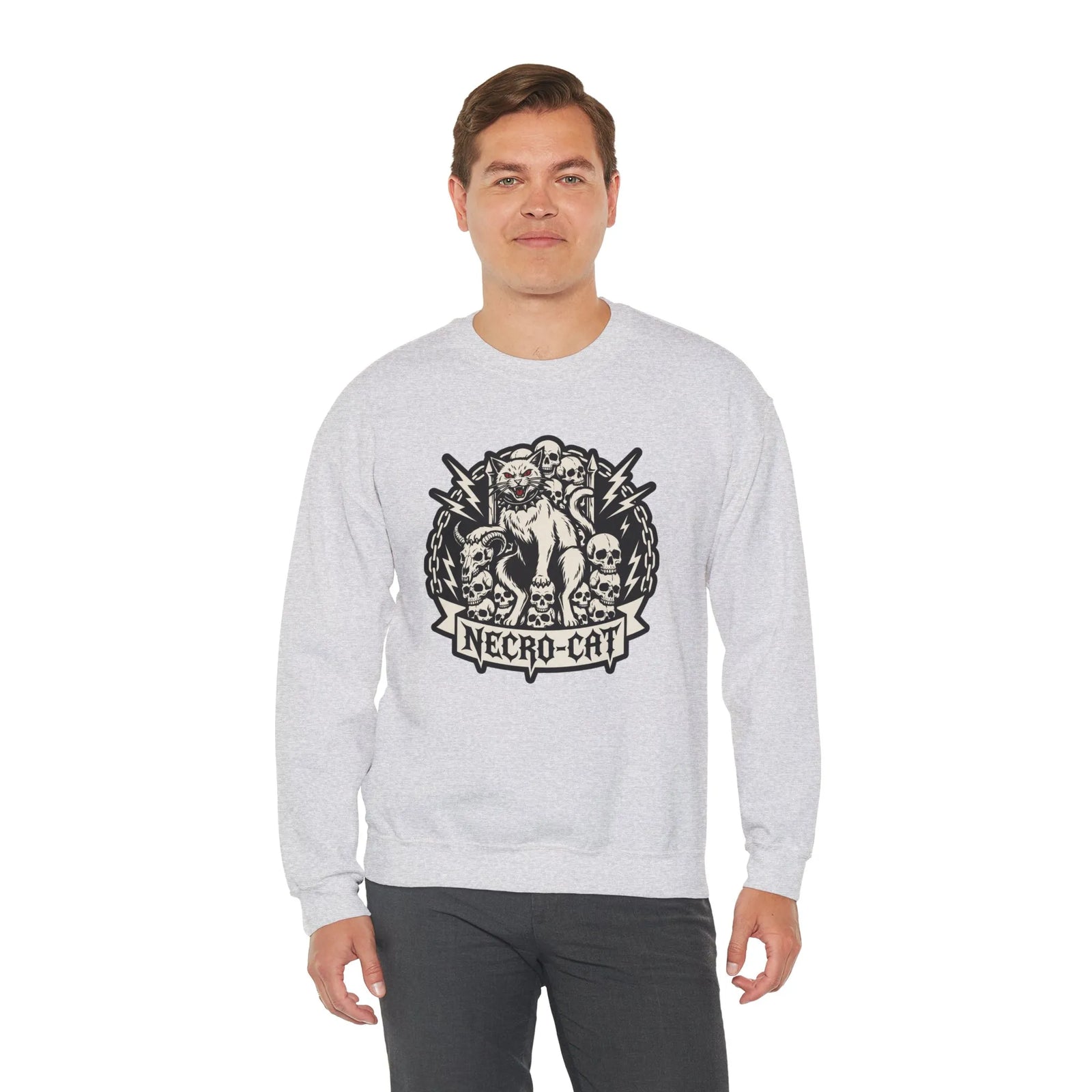Skull Throne Heavy Metal Cats Sweatshirt - Heavy Blend Fleece Crewneck - Unisex White