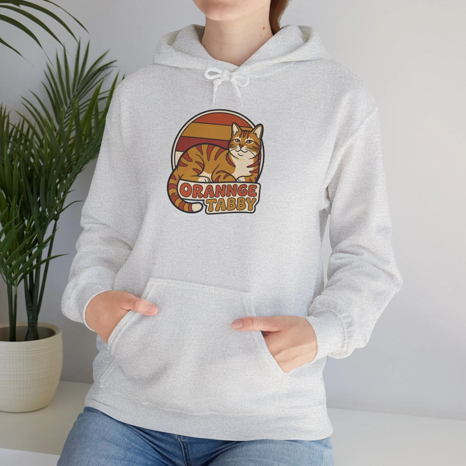 Orange Tabby Retro 70s Sunset Hoodie - Cozy Cotton Blend Pullover - Unisex White