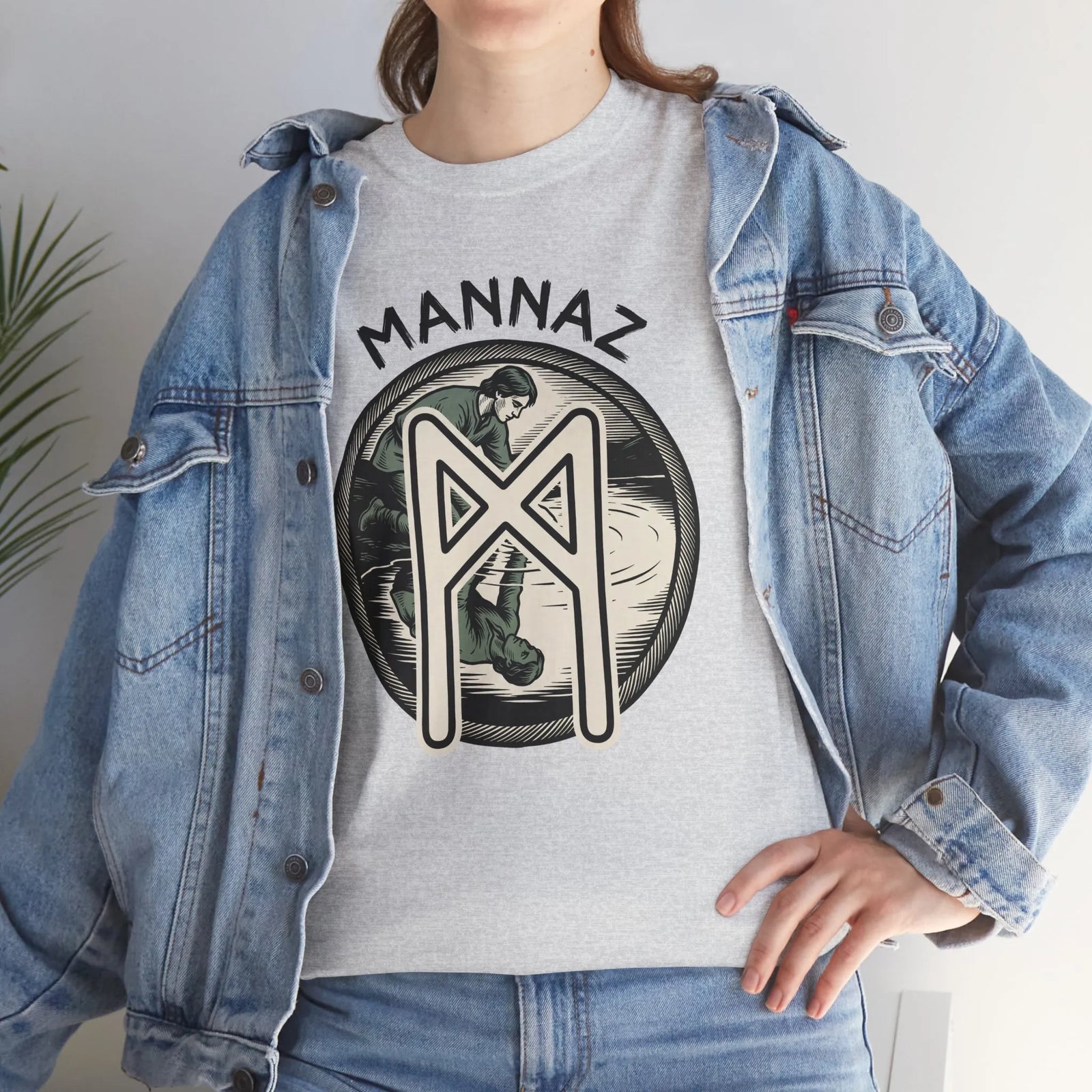 Mannaz Rune Reflection Graphic T-Shirt - Heavy Cotton Classic Fit Tee - Unisex White