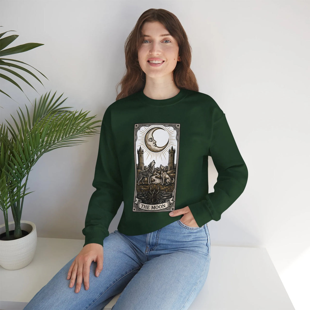 Moon Tarot Card Wolves Graphic Sweatshirt - Heavy Blend Fleece Crewneck - Unisex White