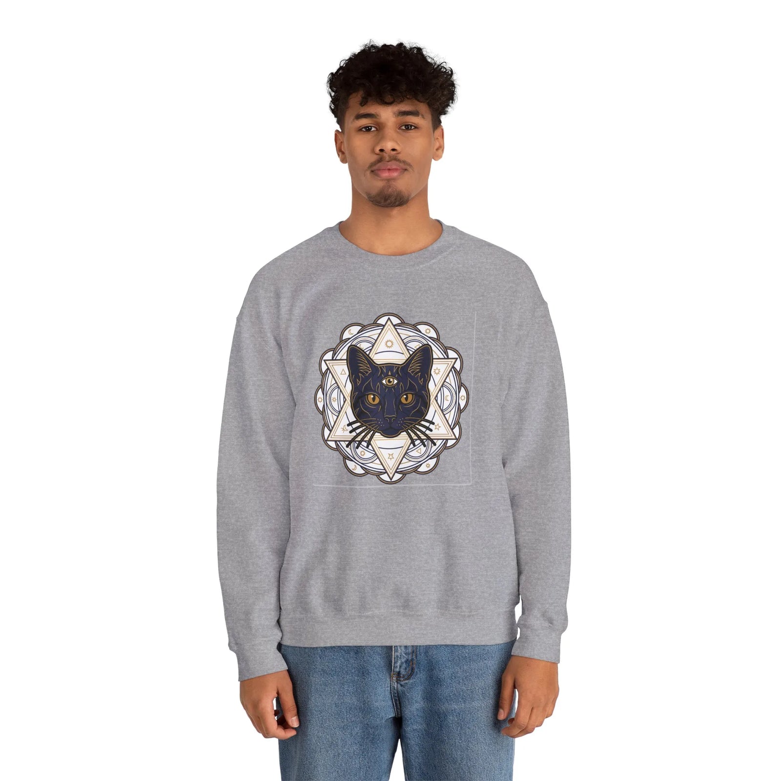 Third Eye Sacred Geometry Cat Sweatshirt - Heavy Blend Fleece Crewneck - Unisex White