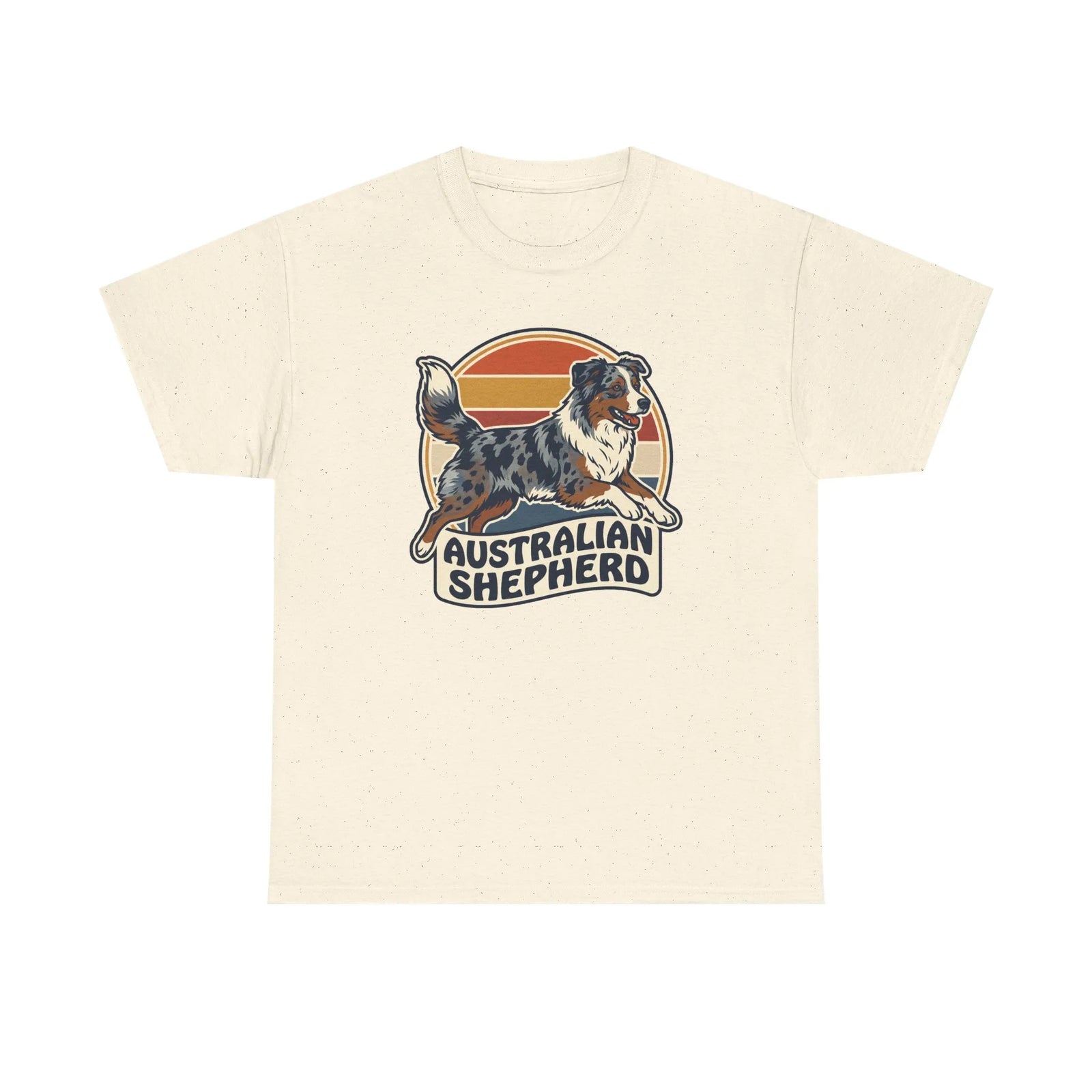Australian Shepherd Retro 70s Sunset T-Shirt - Heavy Cotton Classic Fit Tee - Unisex White