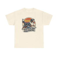 Australian Shepherd Retro 70s Sunset T-Shirt - Heavy Cotton Classic Fit Tee - Unisex White