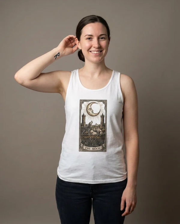 The Moon Tarot Card Graphic Tank Top - Lightweight Combed Ringspun Jersey - Unisex White