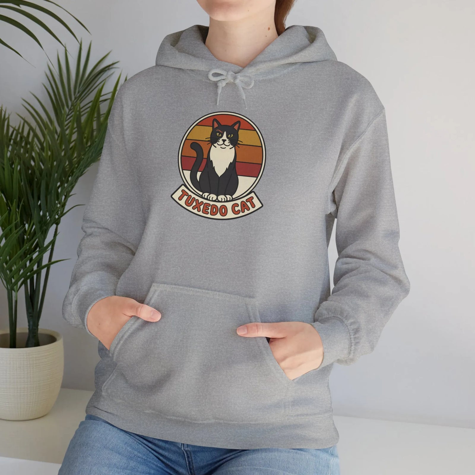 Tuxedo Cat Retro Sunset Hoodie - Soft Cotton Blend Pullover - Unisex White