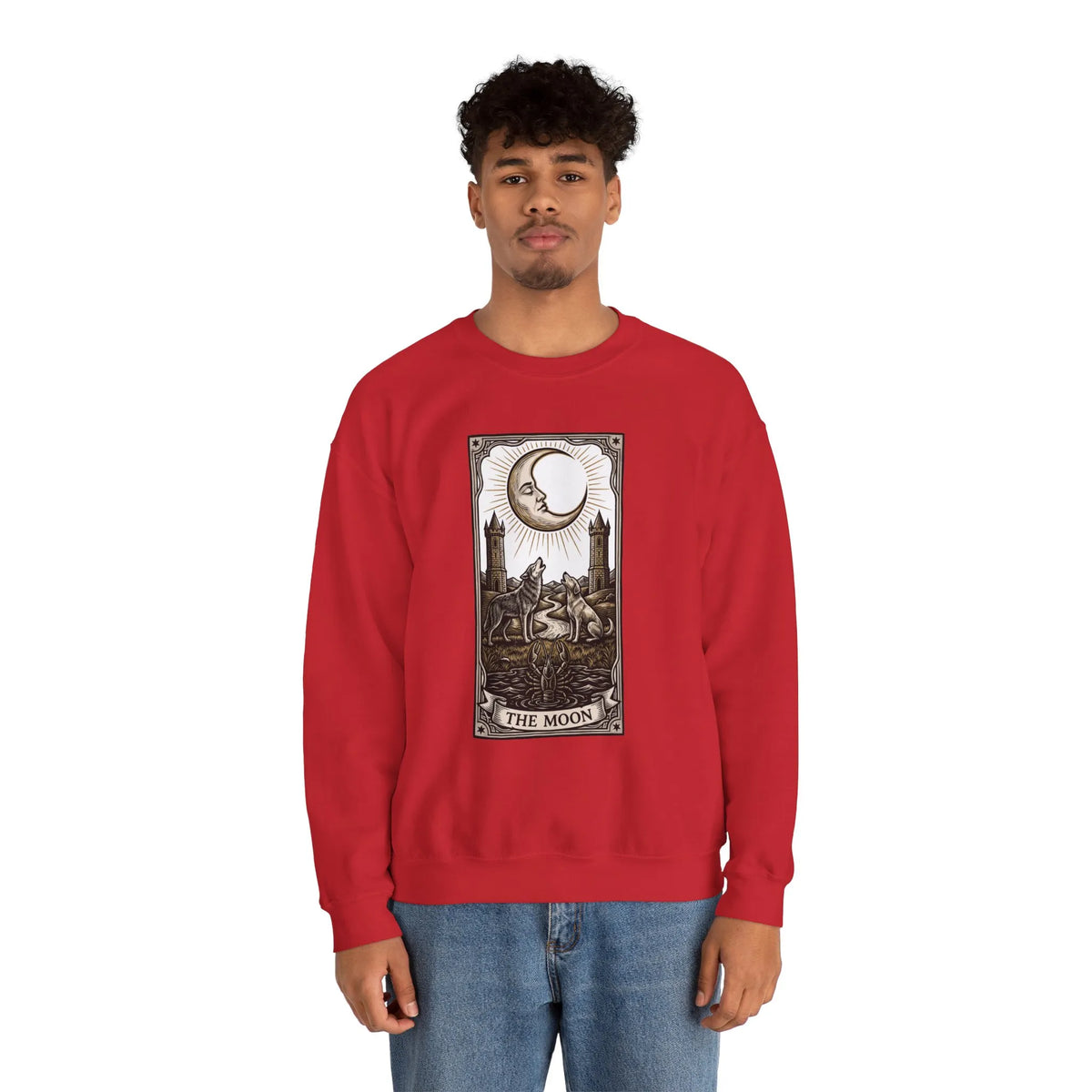 Moon Tarot Card Wolves Graphic Sweatshirt - Heavy Blend Fleece Crewneck - Unisex White