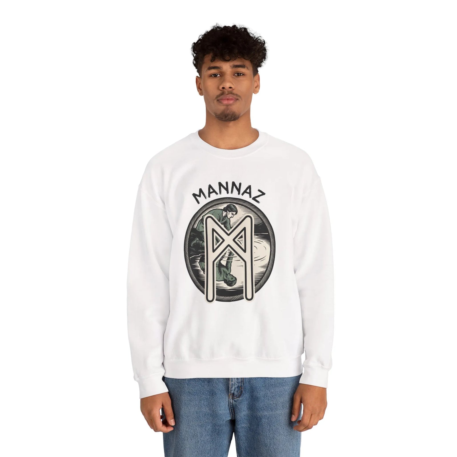 Mannaz Humanity Rune Graphic Sweatshirt - Heavy Blend Fleece Crewneck - Unisex White