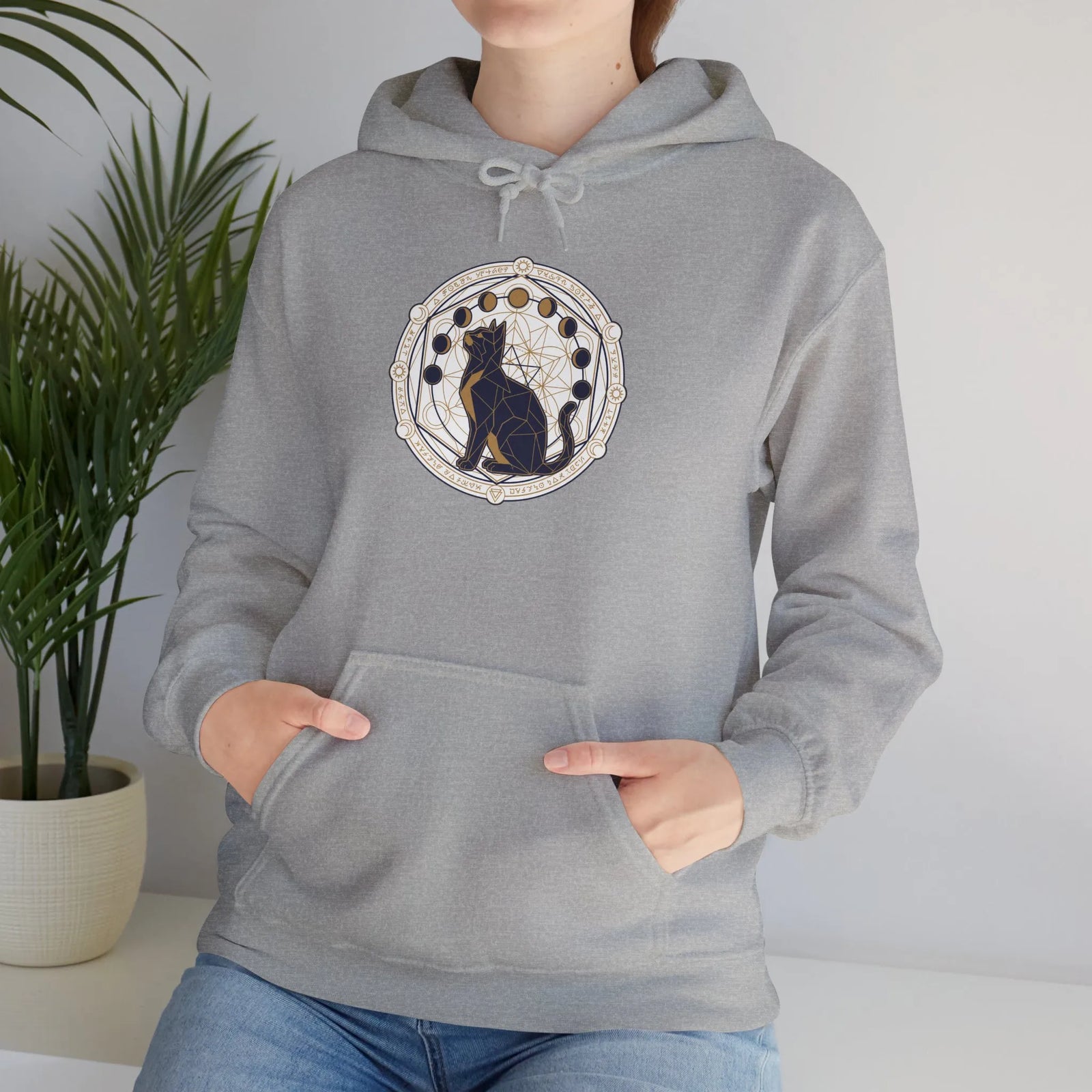 Moon Phases Sacred Geometry Cat Hoodie - Soft Fleece Pullover - Unisex White