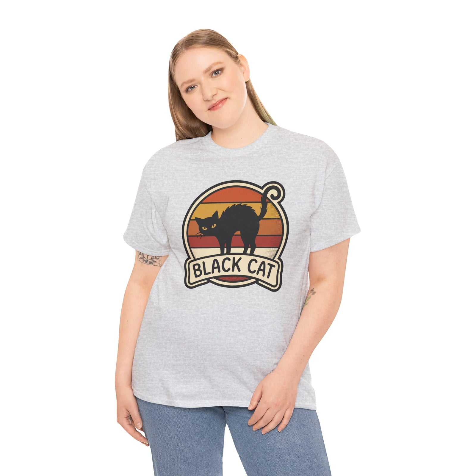 Black Cat Retro Sunset T-Shirt - Heavyweight 100% Cotton Classic Tee - Unisex White