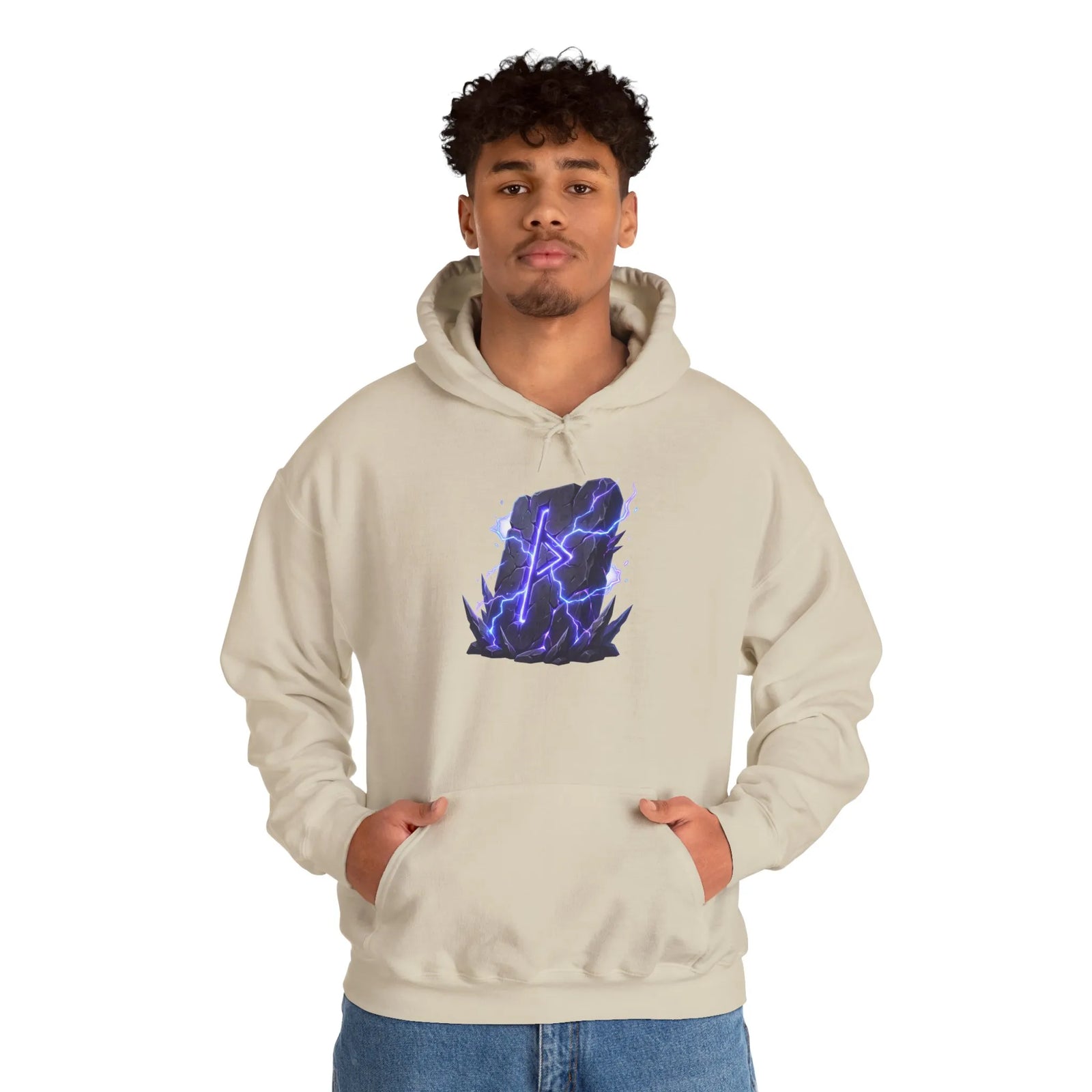 Thurisaz Rune Lightning Graphic Hoodie - Heavy Blend Fleece Pullover - Unisex White
