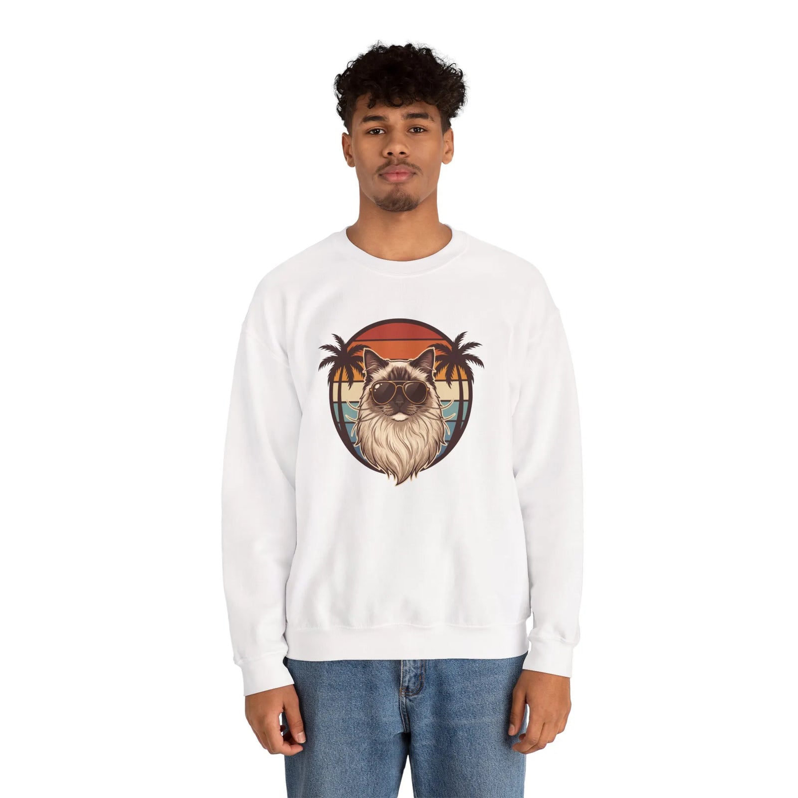Ragdoll Cool Cat 70s Sunset Aviators Sweatshirt - Classic Fit Midweight Crewneck - Unisex White