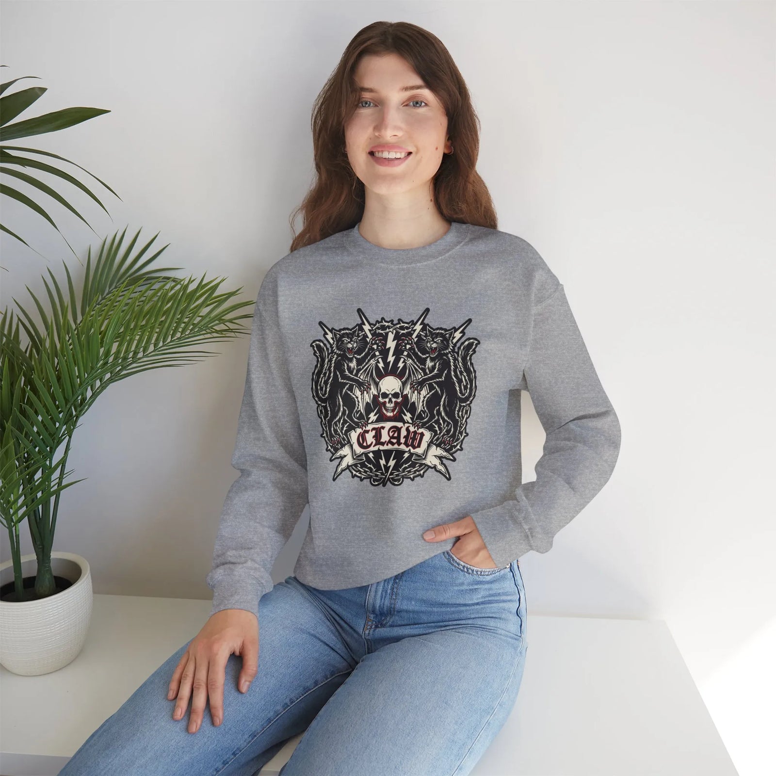 Rocker Cats Band Crest Sweatshirt - Heavy Blend Cotton-Poly Crewneck - Unisex White