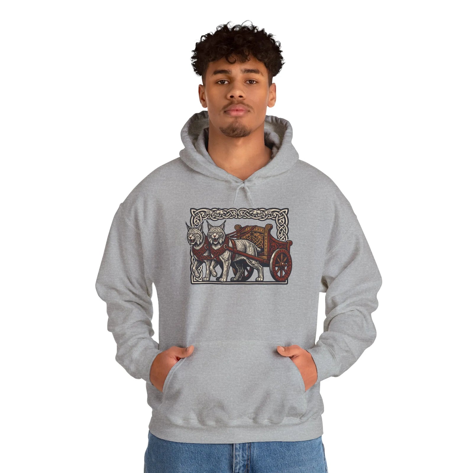 Freyja's Sacred Cats Chariot Graphic Hoodie - Cozy Fleece Pullover Hoodie - Unisex Off White