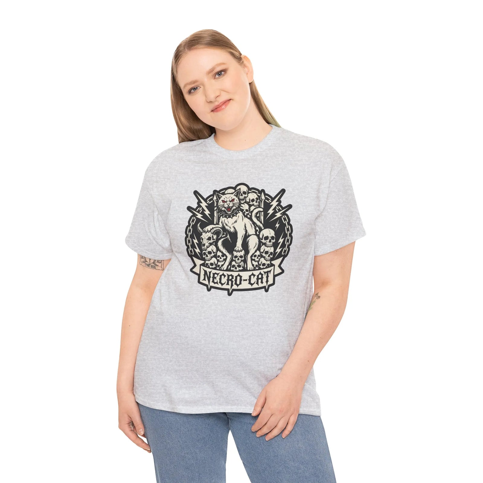 Rocker Cat Skull Throne Graphic T-Shirt - Heavy Cotton Classic Fit Tee - Unisex White