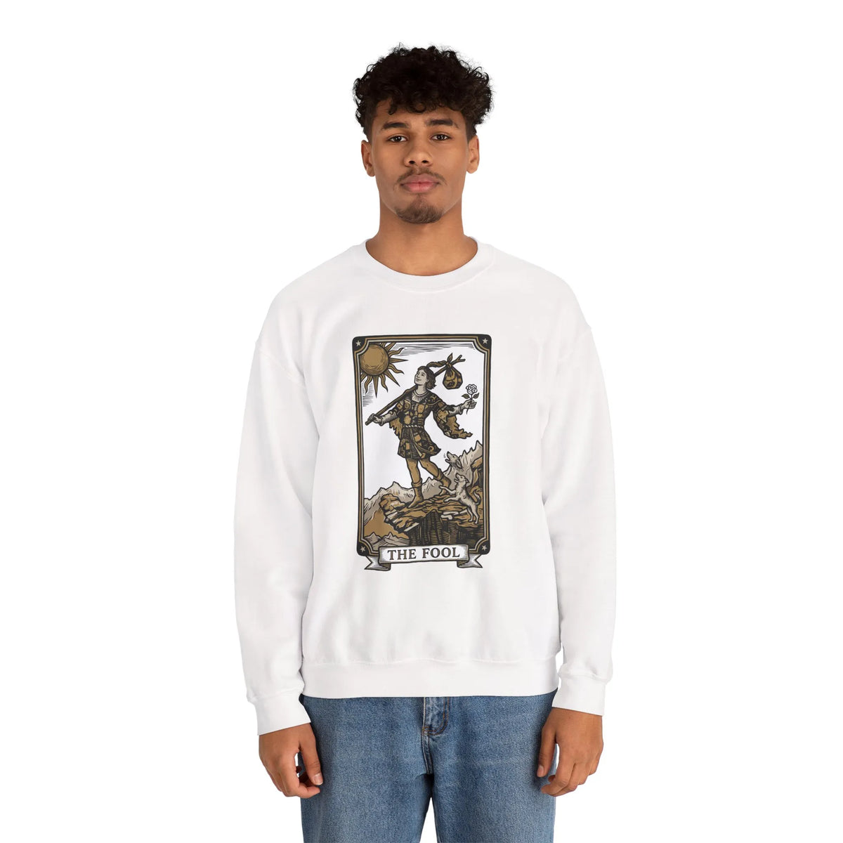 The Fool Tarot Card Graphic Sweatshirt - Heavy Blend Crewneck Fleece - Unisex White