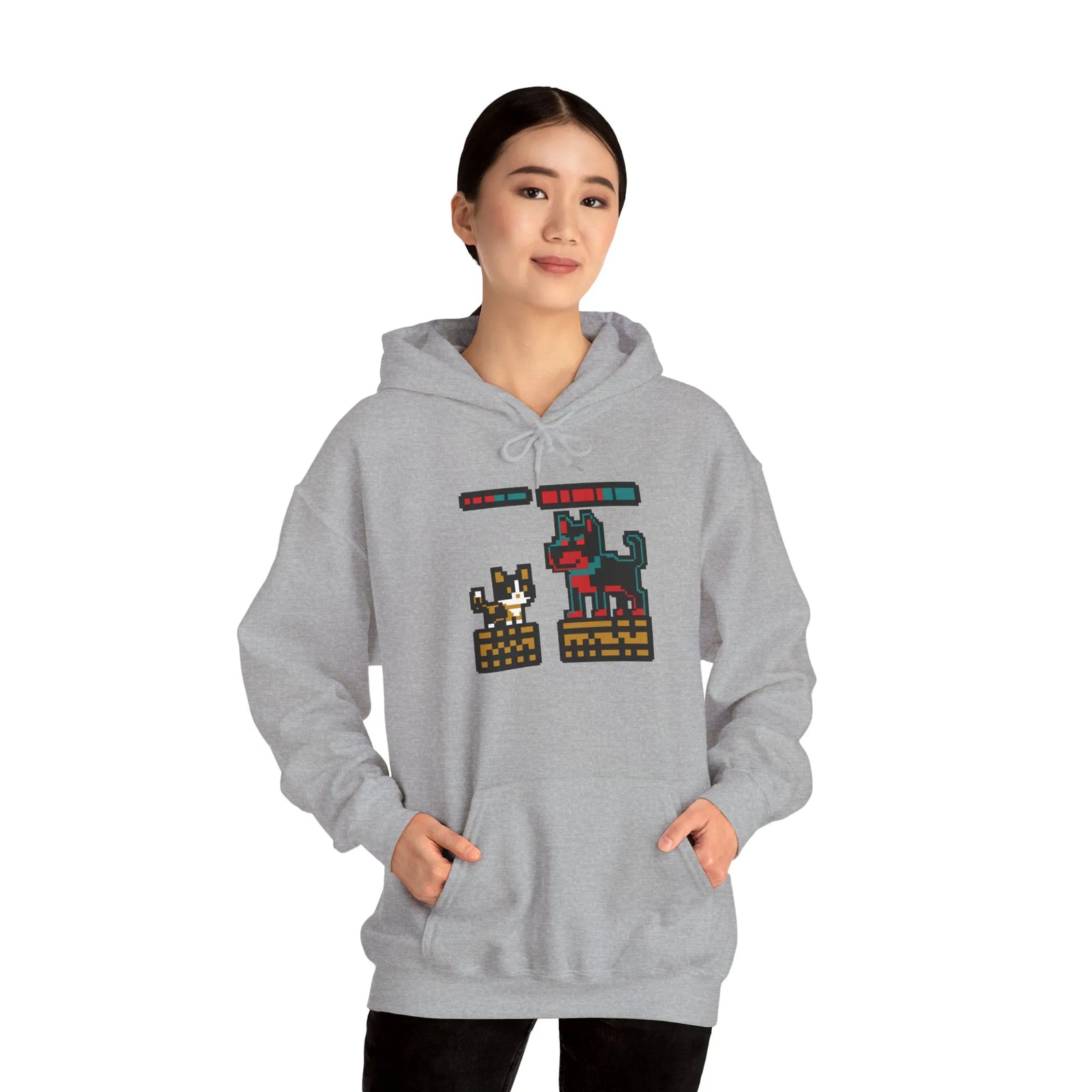 Boss Fight 8-Bit Pixel Gaming Cats Hoodie - Heavy Blend Fleece Pullover - Unisex White