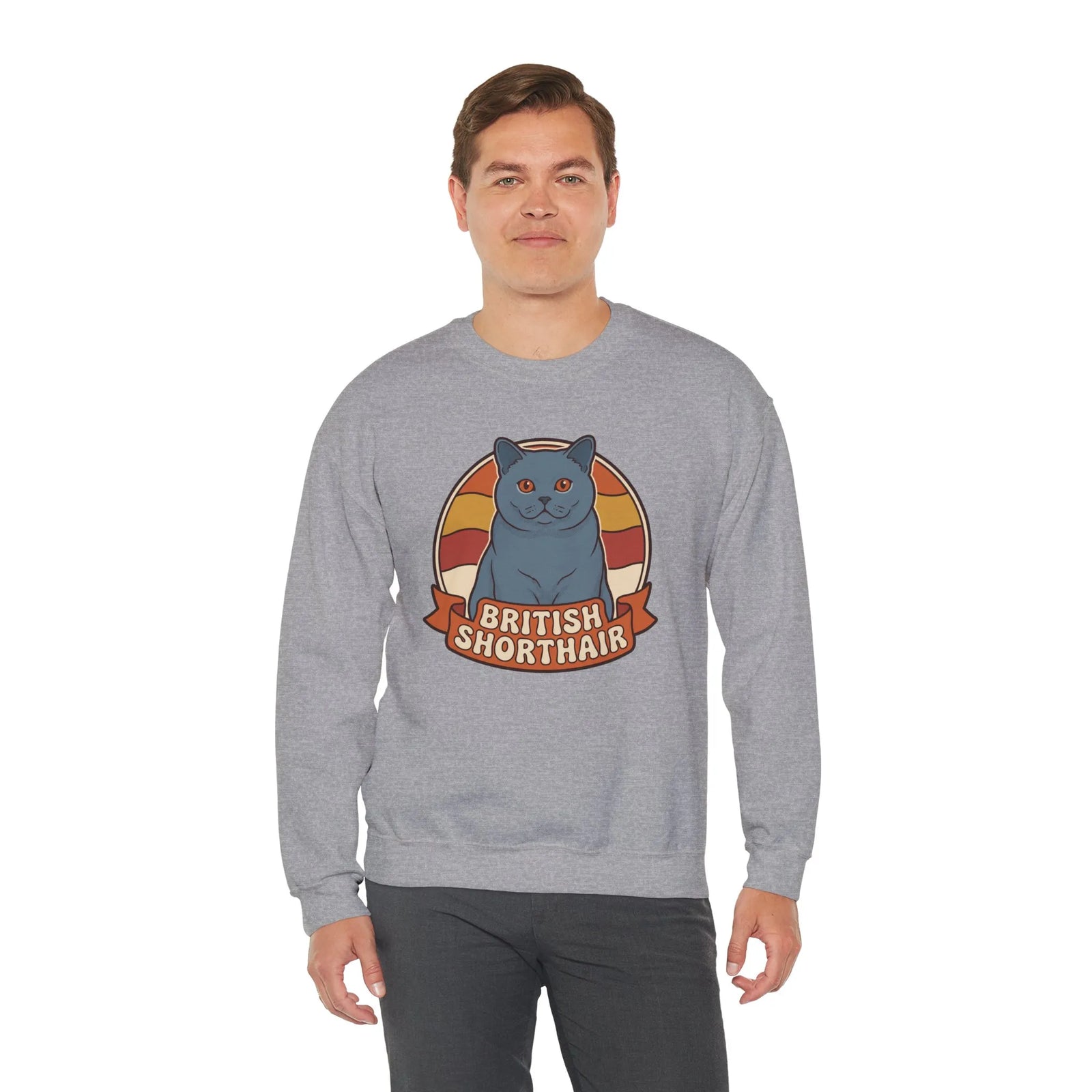 British Shorthair Retro Sunset Cat Sweatshirt - Heavy Blend Fleece Crewneck - Unisex White