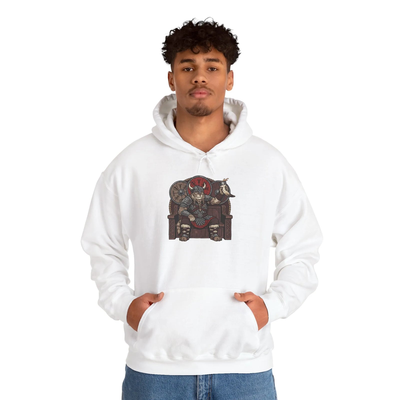 Viking Berserker Cat Graphic Hoodie - Cozy Heavy Blend Fleece Pullover - Unisex Sport Grey