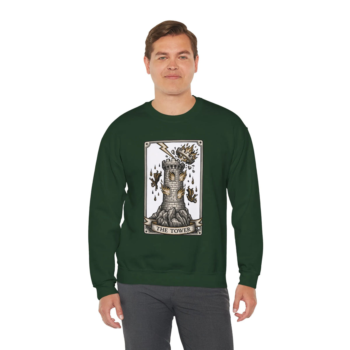 The Tower Tarot Card Sweatshirt - Heavy Blend Fleece Crewneck - Unisex White