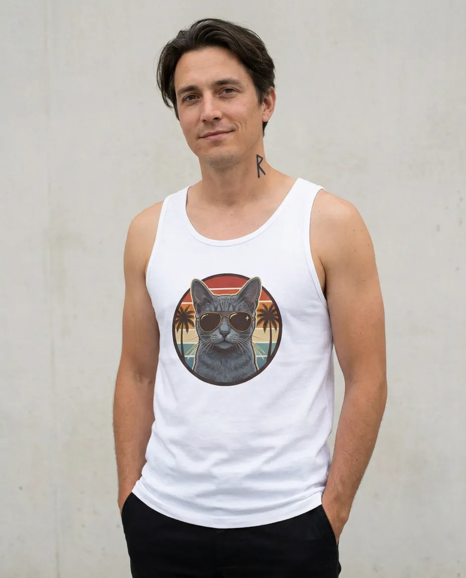 Russian Blue Cool Cat Aviators Tank Top - Lightweight Jersey Retail Fit - Unisex White