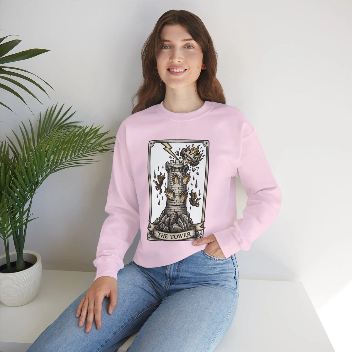 The Tower Tarot Card Sweatshirt - Heavy Blend Fleece Crewneck - Unisex White