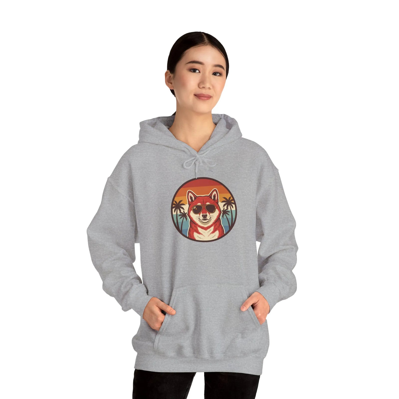 Shiba Inu 70s Sunset Aviator Hoodie - Cozy Fleece Blend Pullover - Unisex White