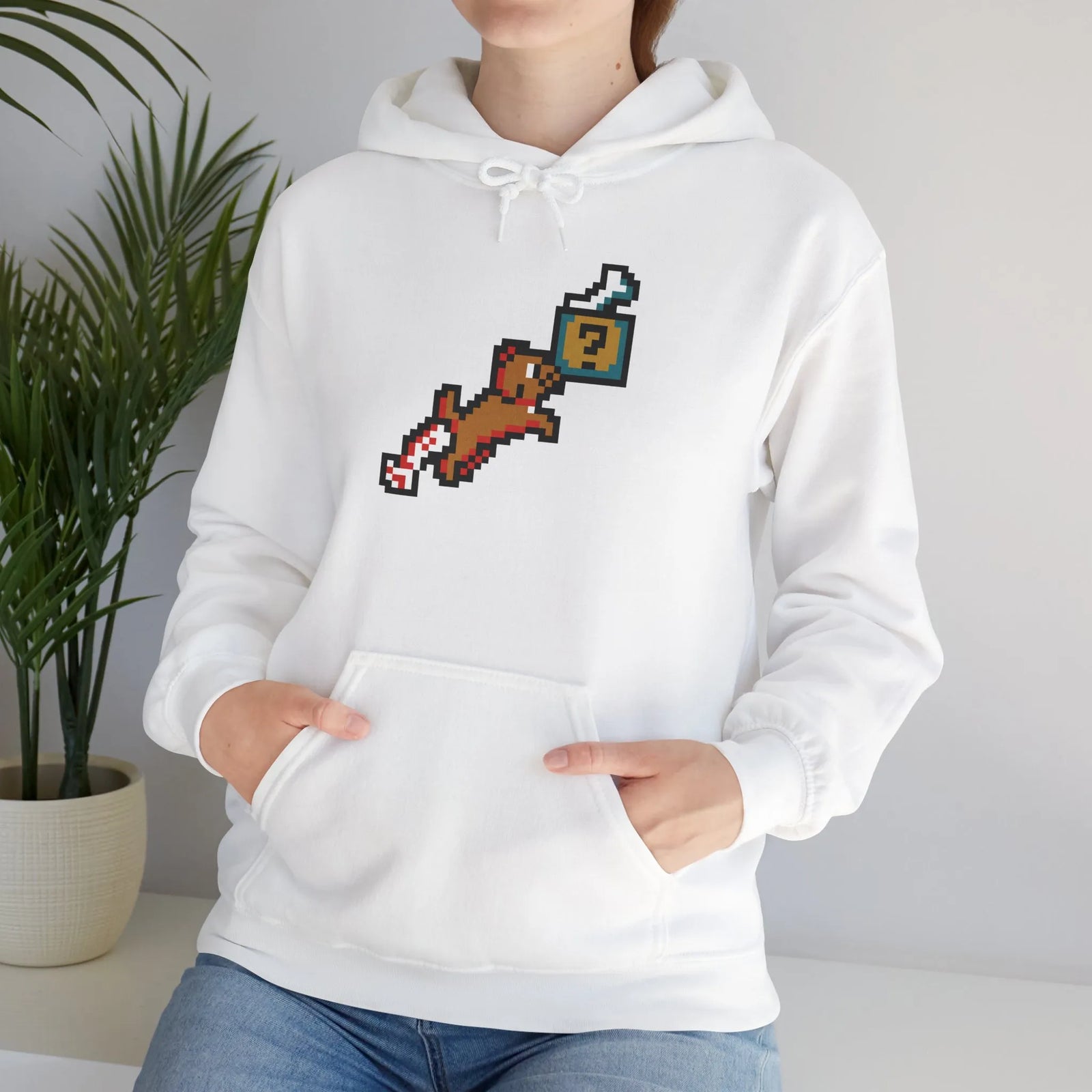 8-Bit Pixel Gaming Dog Fetch Quest Hoodie - Medium Heavy Blend Fleece Pullover - Unisex Off White