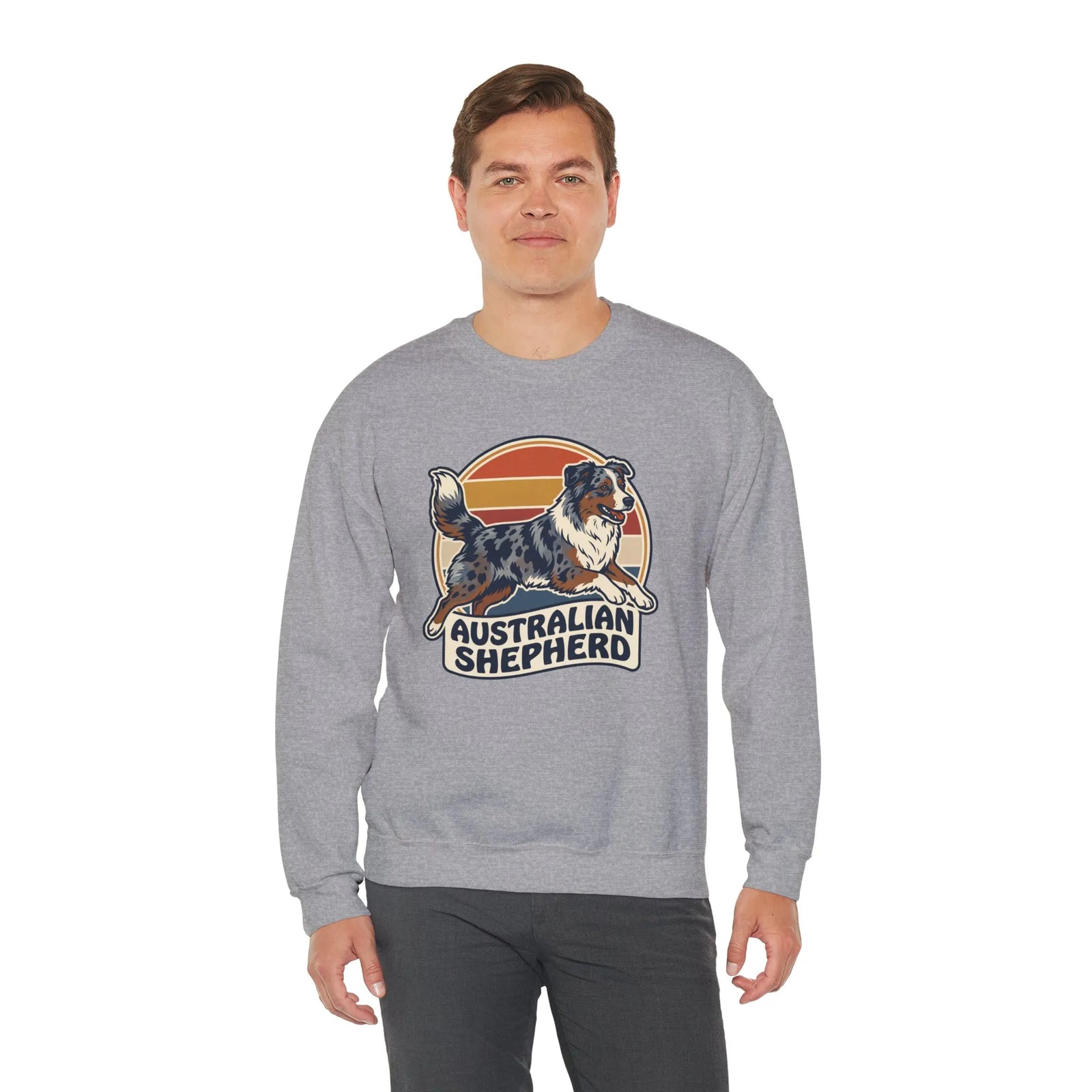Australian Shepherd Retro 70s Sunset Sweatshirt - Heavy Blend Cotton Poly Crewneck - Unisex White