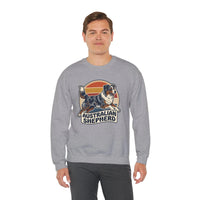 Australian Shepherd Retro 70s Sunset Sweatshirt - Heavy Blend Cotton Poly Crewneck - Unisex White