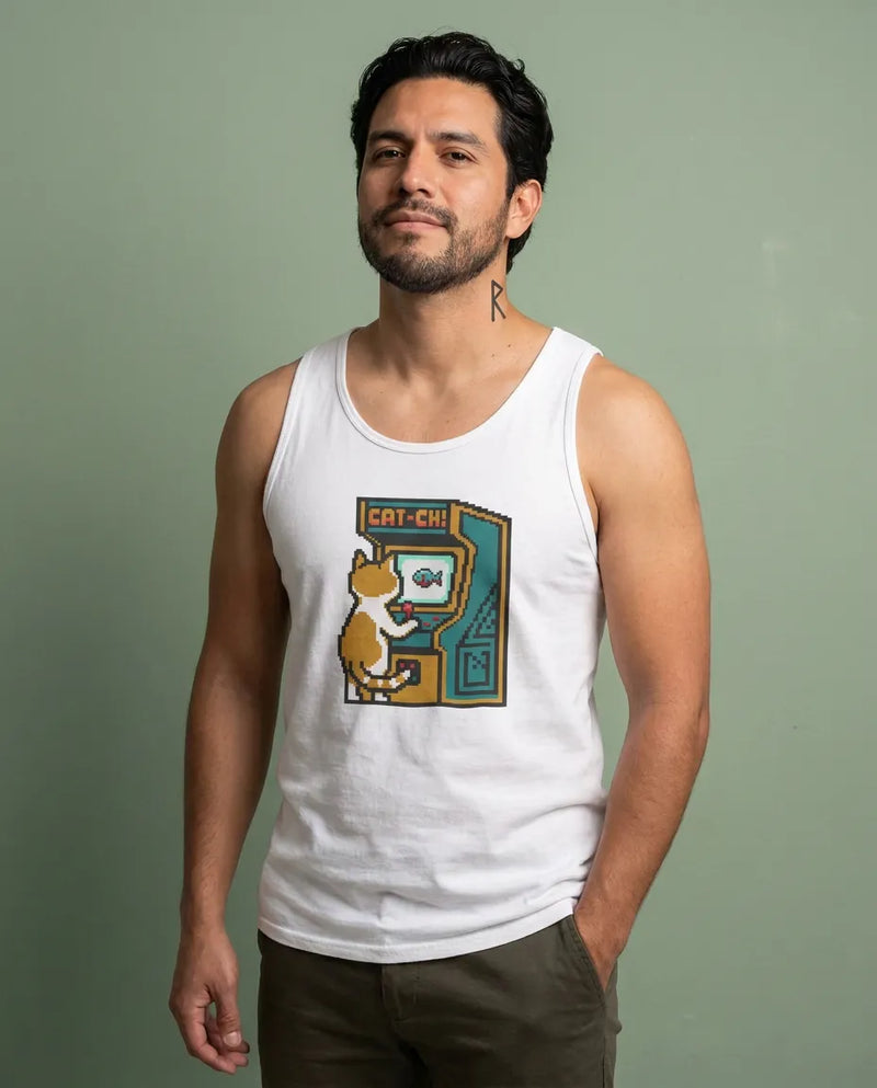 Arcade Night 8-Bit Pixel Gaming Cats Tank Top - Lightweight 100% Cotton Jersey - Unisex White