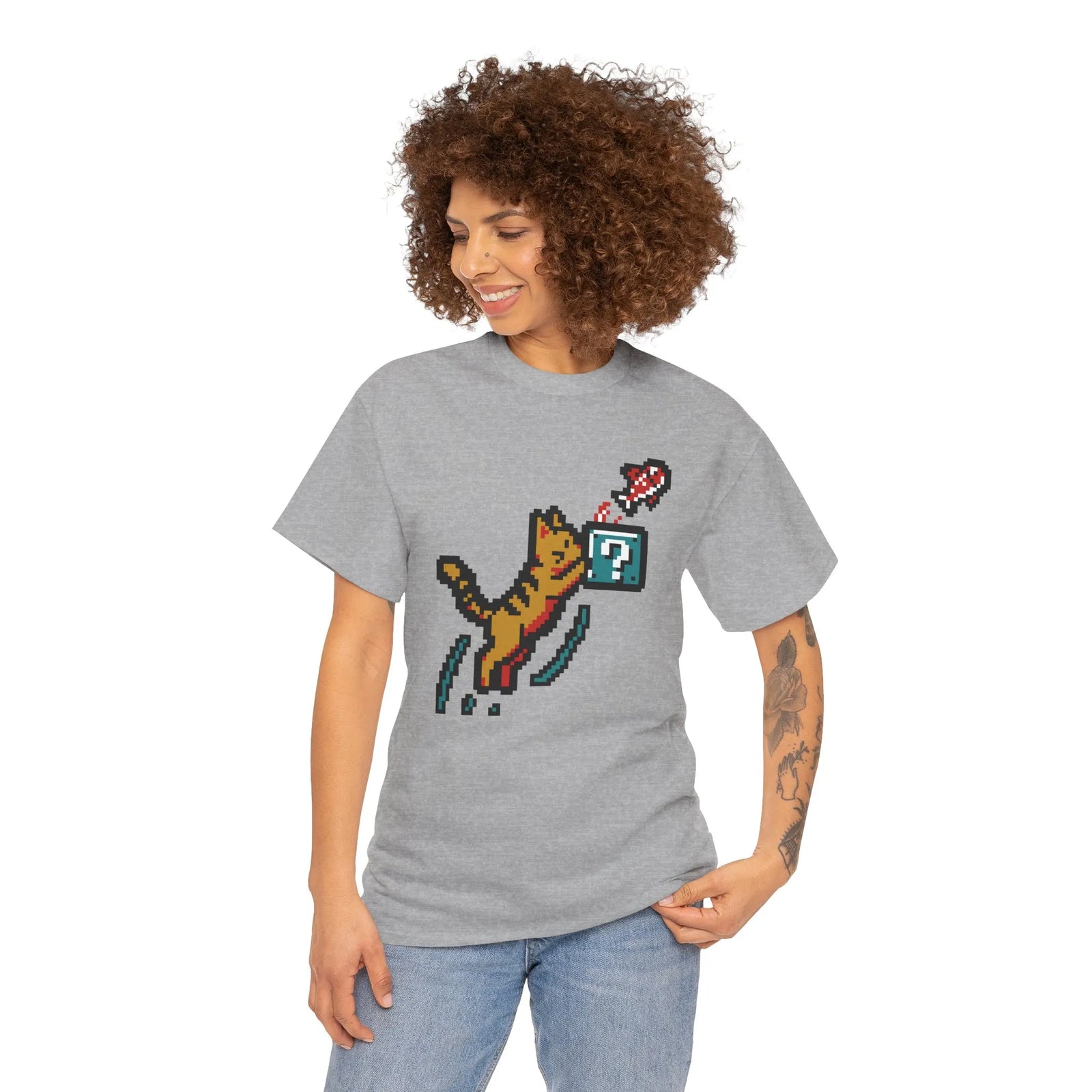 8-Bit Pixel Gaming Cats Graphic T-Shirt - Heavy Cotton Classic Fit Tee - Unisex White