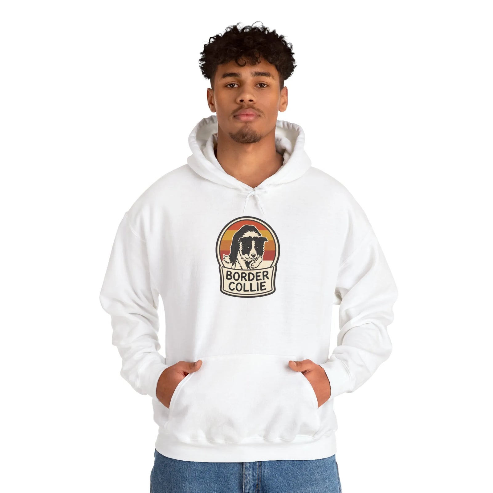 Border Collie Retro 70s Sunset Hoodie - Heavy Blend Cotton-Poly Fleece Pullover - Unisex White