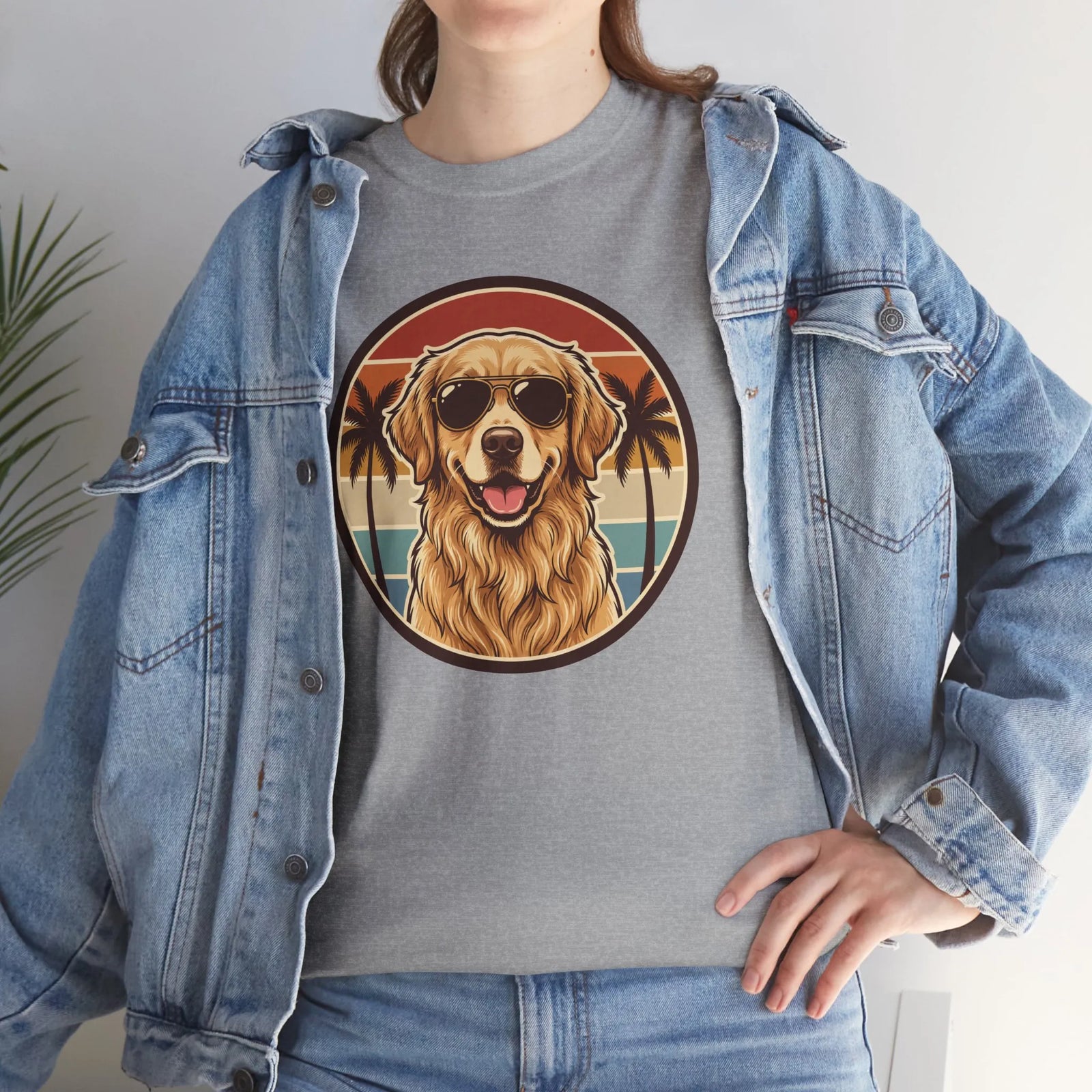 Golden Retriever Sunset Aviator T-Shirt - Heavy Cotton Classic Fit Tee - Unisex White
