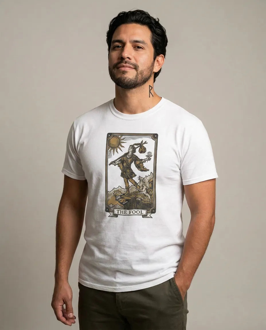 The Fool Tarot Card Graphic T-Shirt - Heavy Cotton Classic Fit Tee - Unisex White