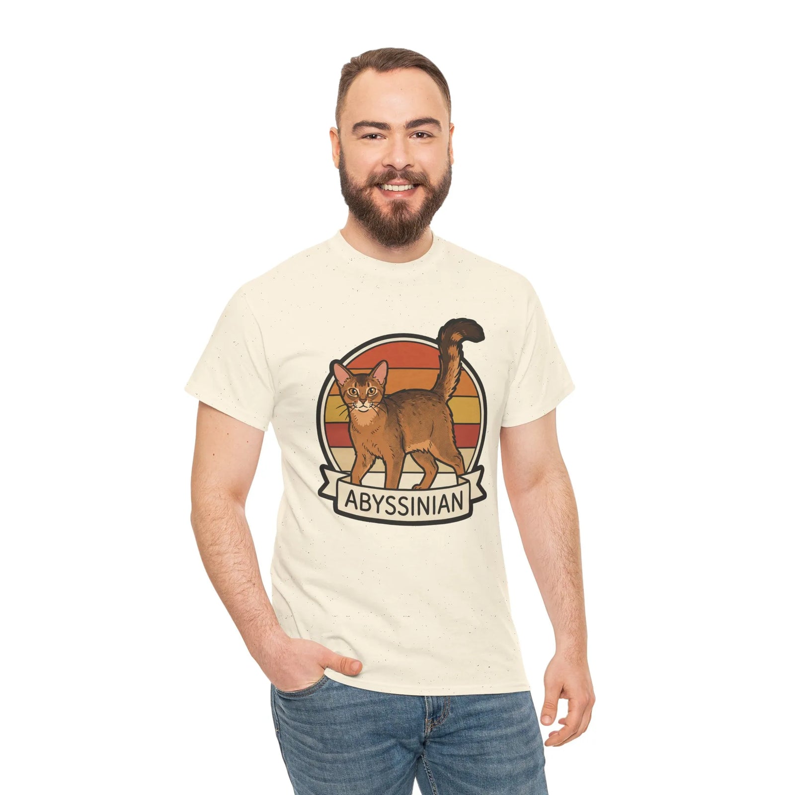 Abyssinian Retro 70s Sunset Cat T-Shirt - Heavy Cotton Classic Fit Tee - Unisex White