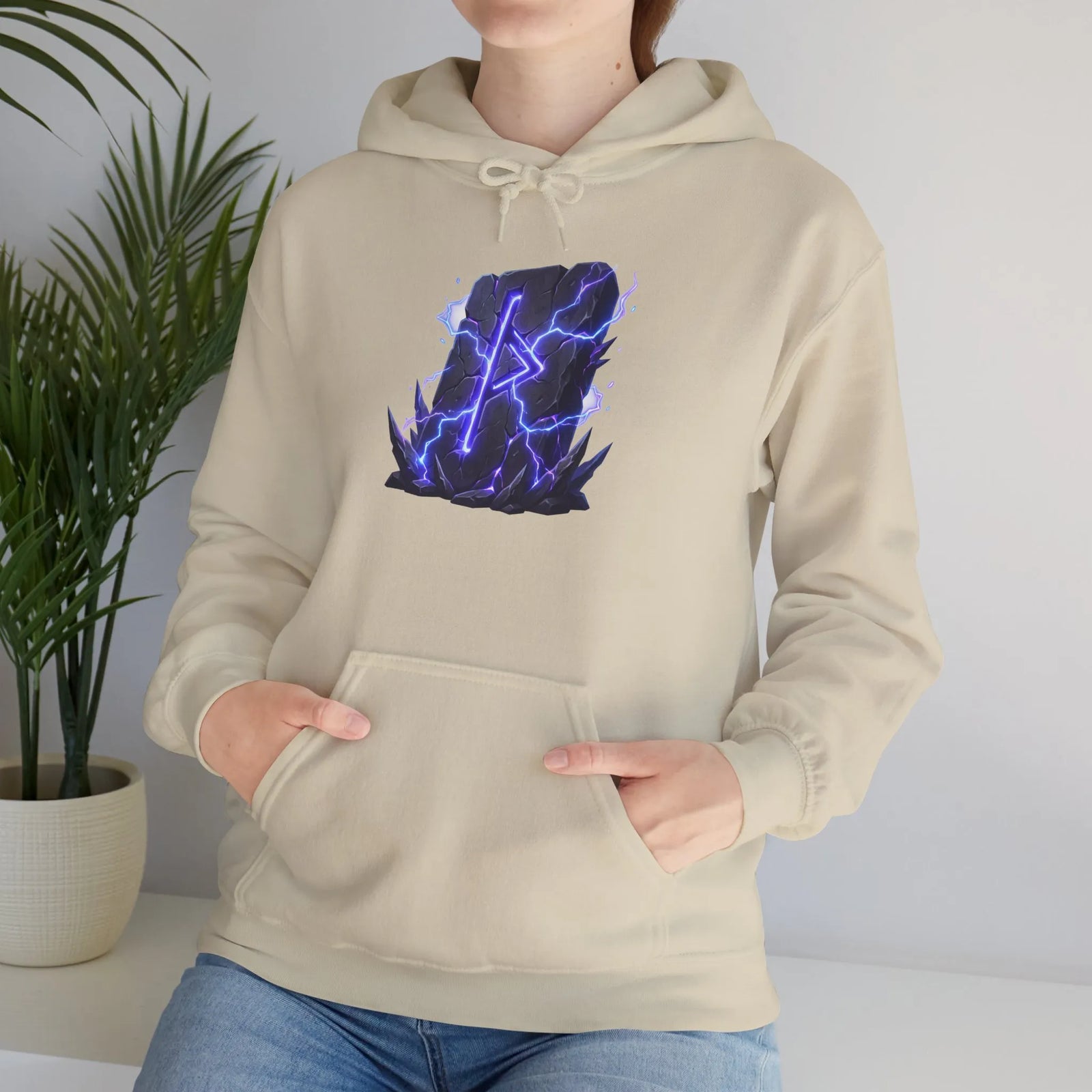 Thurisaz Rune Lightning Graphic Hoodie - Heavy Blend Fleece Pullover - Unisex White