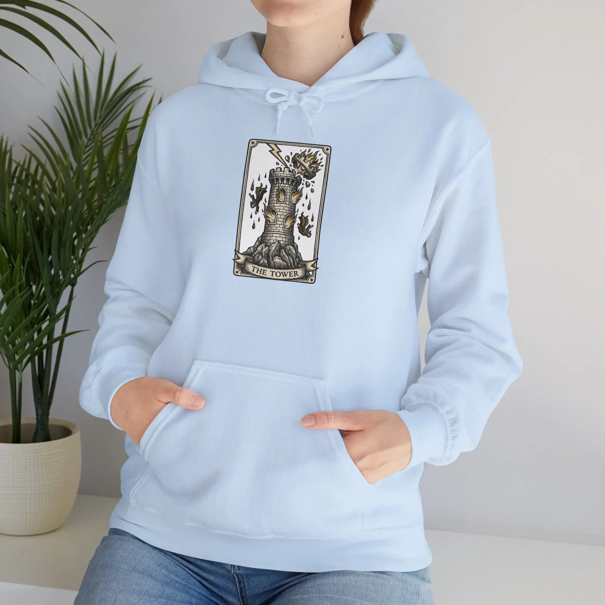 The Tower Tarot Card Hoodie - Heavy Blend Fleece Pullover - Unisex White