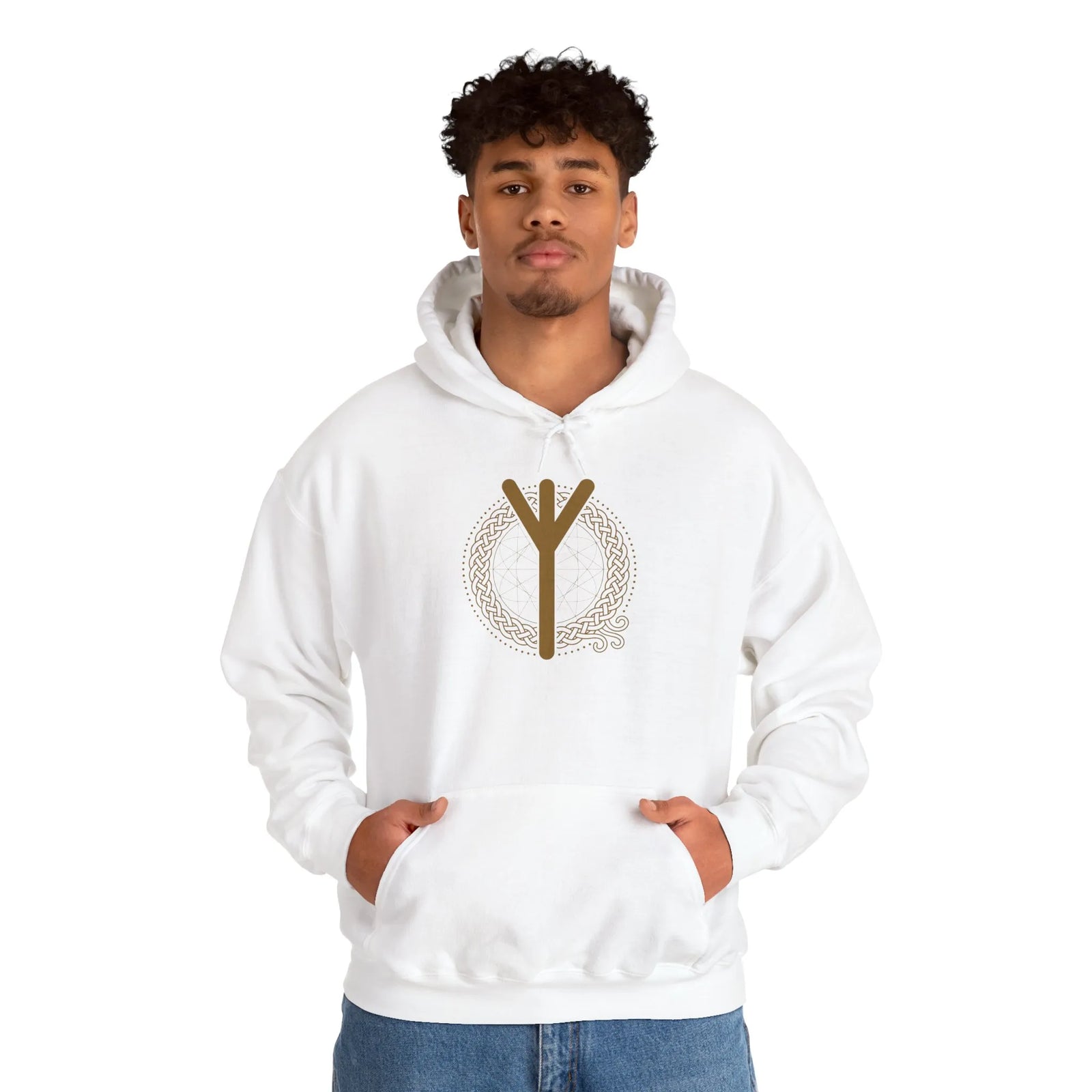 Elhaz Protection Rune Hoodie - Heavy Cotton Blend Fleece Pullover - Unisex White
