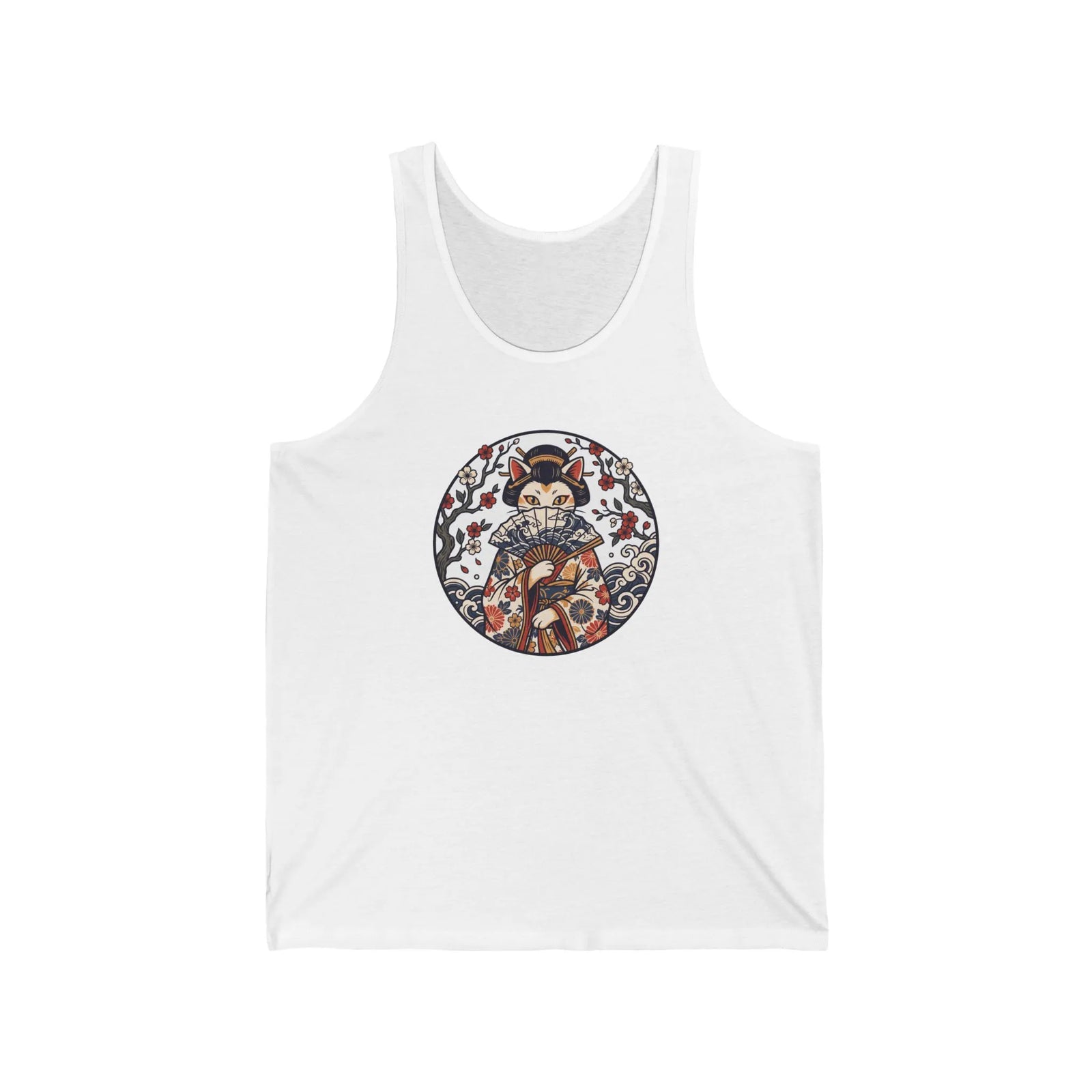 Fan Dancer Ukiyo-e Samurai Cats Tank Top - Soft Lightweight Ring-Spun Jersey - Unisex White