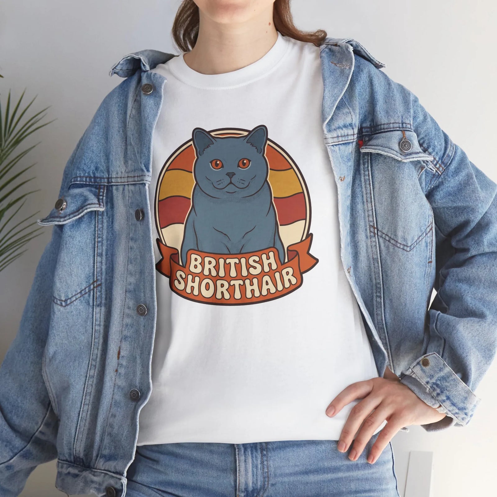 British Shorthair Retro Sunset T-Shirt - Heavyweight Cotton Classic Tee - Unisex White