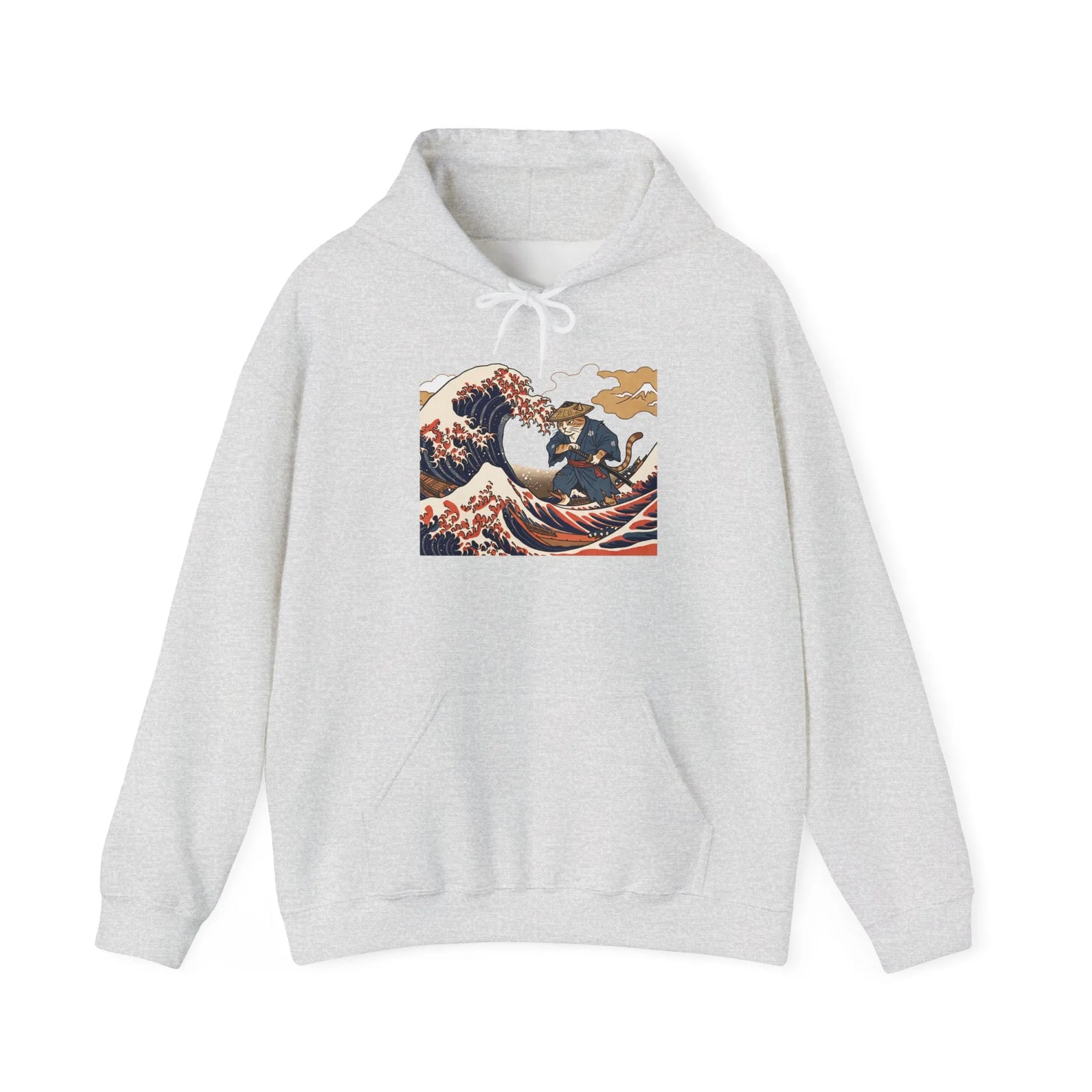 Ronin Wave Samurai Cat Ukiyo-e Hoodie - Heavy Blend Fleece Pullover - Unisex White