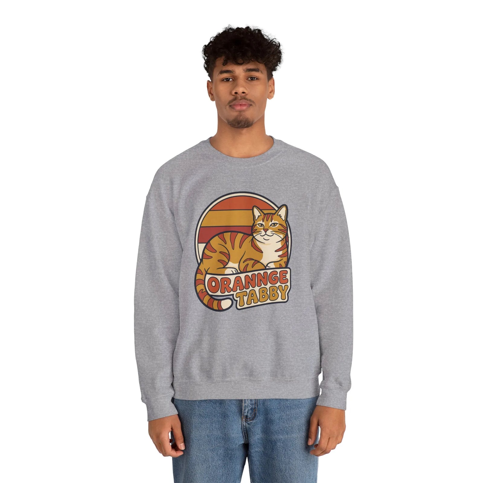 Orange Tabby Retro Sunset Graphic Sweatshirt - Heavy Blend Crewneck Fleece - Unisex White