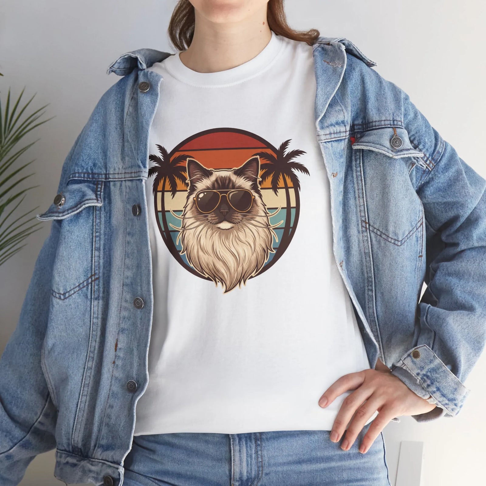 Ragdoll Cat 70s Sunset Aviators T-Shirt - Heavy Cotton Classic Fit Tee - Unisex White