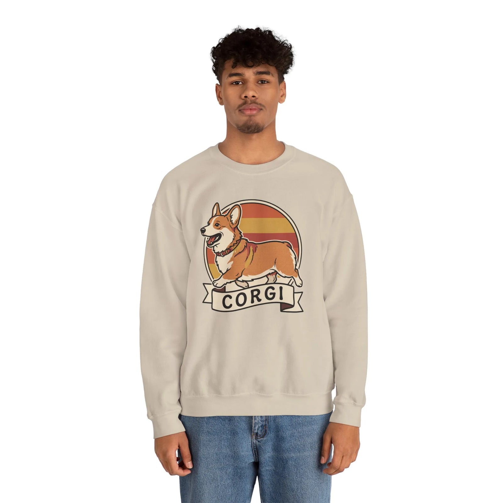 Retro 70s Sunset Corgi Sweatshirt - Classic Fit Cotton-Poly Crewneck - Unisex White