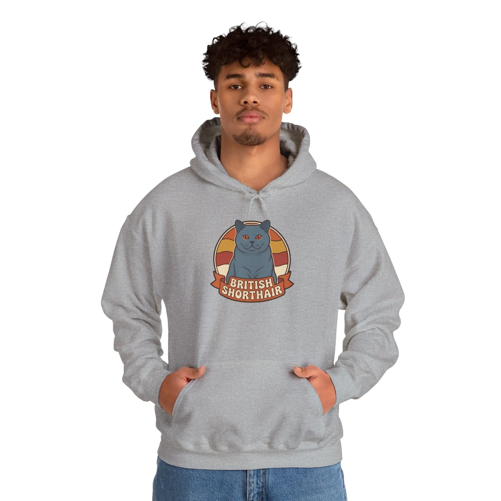 British Shorthair Retro Sunset Hoodie - Cozy Cotton Blend Pullover - Unisex White