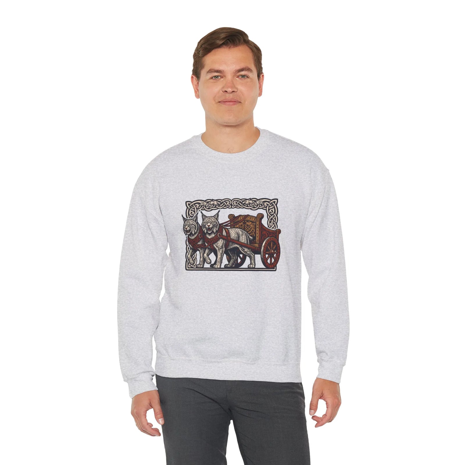 Freyja's Sacred Cats Norse Woodcut Sweatshirt - Heavy Blend Crewneck Fleece - Unisex White