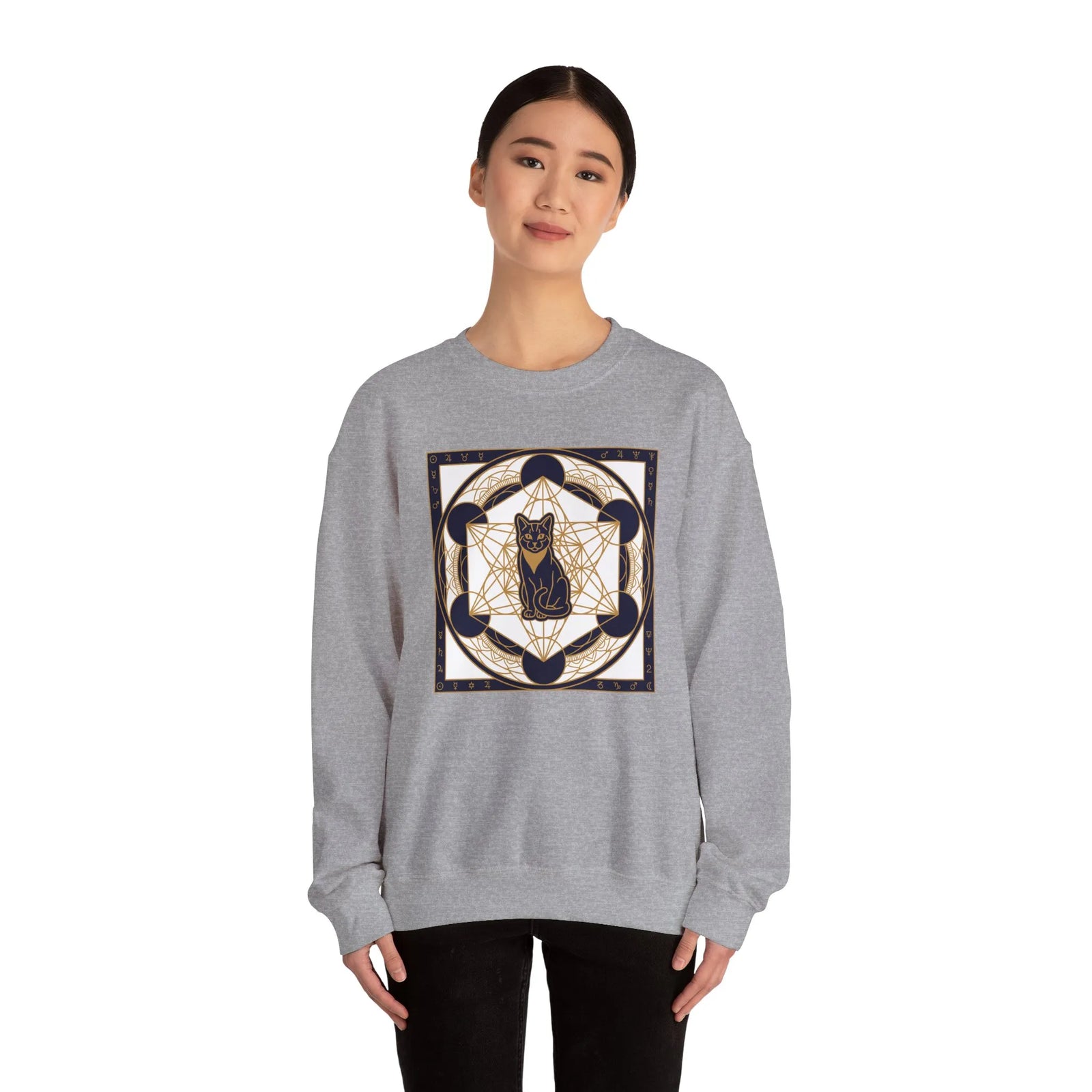 Metatron's Cat Sacred Geometry Sweatshirt - Heavy Blend Fleece Crewneck - Unisex White
