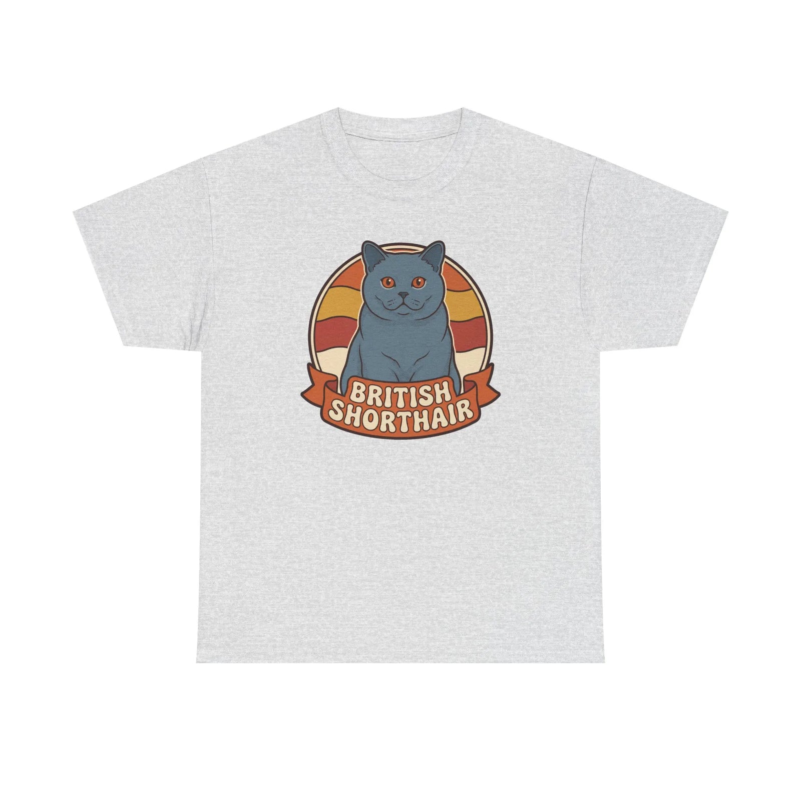 British Shorthair Retro Sunset T-Shirt - Heavyweight Cotton Classic Tee - Unisex White